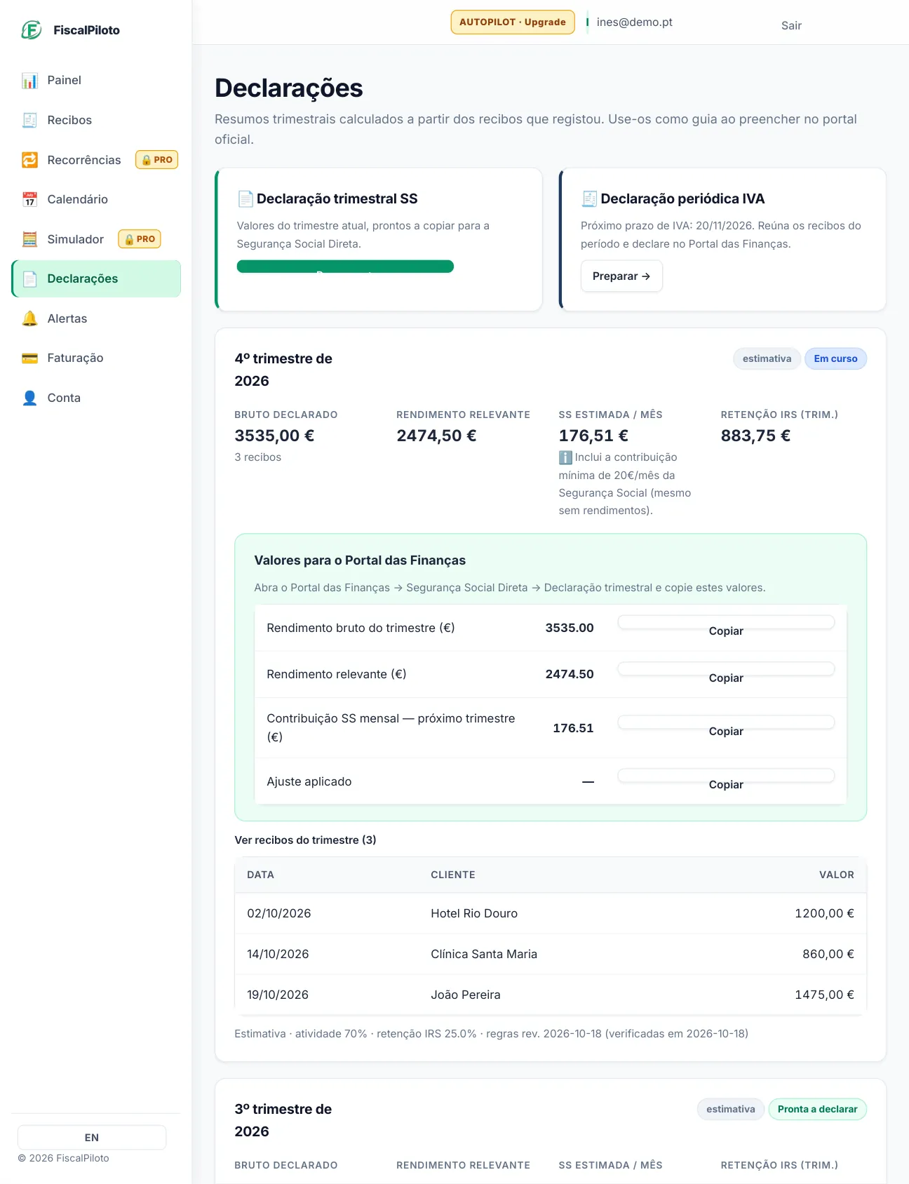 Declarations — values ready to copy into the official portal