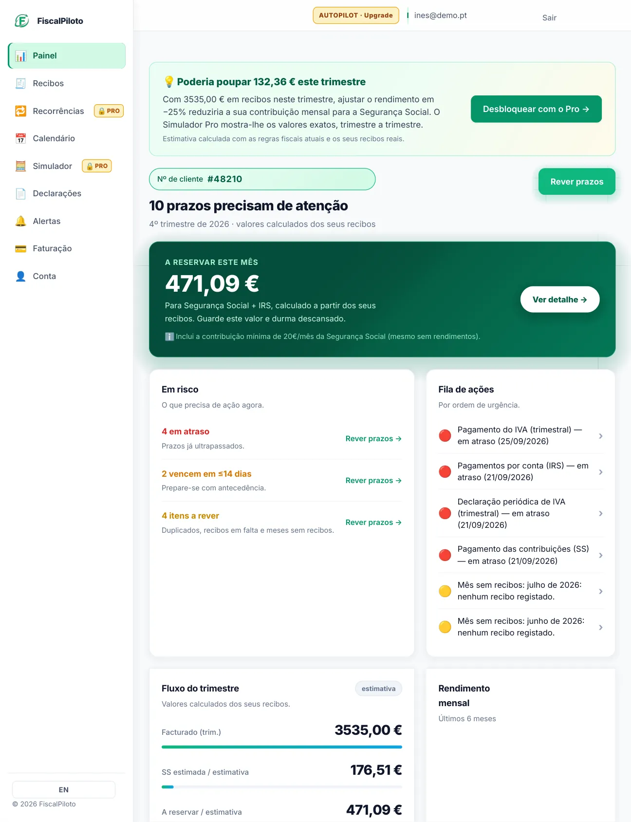 Dashboard — how much to set aside and upcoming deadlines
